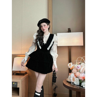 set đầm nhung nơ phối sơmi voan