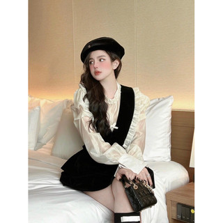 set đầm nhung nơ phối sơmi voan