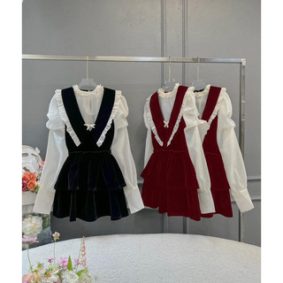 set đầm nhung nơ phối sơmi voan