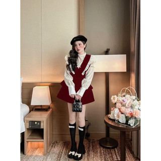 set đầm nhung nơ phối sơmi voan
