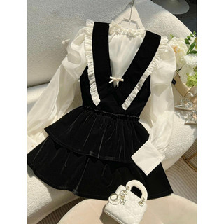 set đầm nhung nơ phối sơmi voan