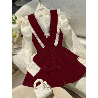 set đầm nhung nơ phối sơmi voan