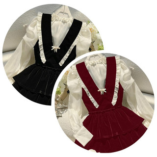 set đầm nhung nơ phối sơmi voan
