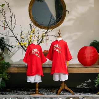 [HÀNG CAO CẤP] Áo dài Tết thêu hoa đào bé gái chất liệu lụa vân mây