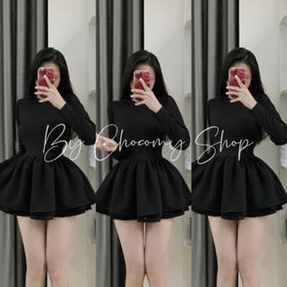   Hang San Đầm đen tay dài dáng xoè cổ điển  Váy thun phối tafta thiết kế ôm eo tôn dáng sang chảnh đi dự tiệc hottrend 