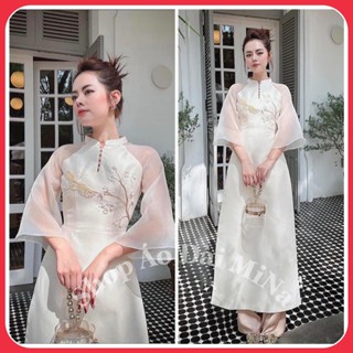 Áo Dài Cách Tân Vải Tafta Tay Loe Phối Tơ Họa Tiết Kết Mặc Lễ Lết Dự Tiệc AD06