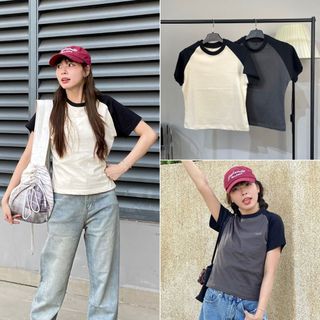 Áo Thun Baby Tee Tay Ngắn Nữ Phối 2 Màu Basic Nicool N22-T14