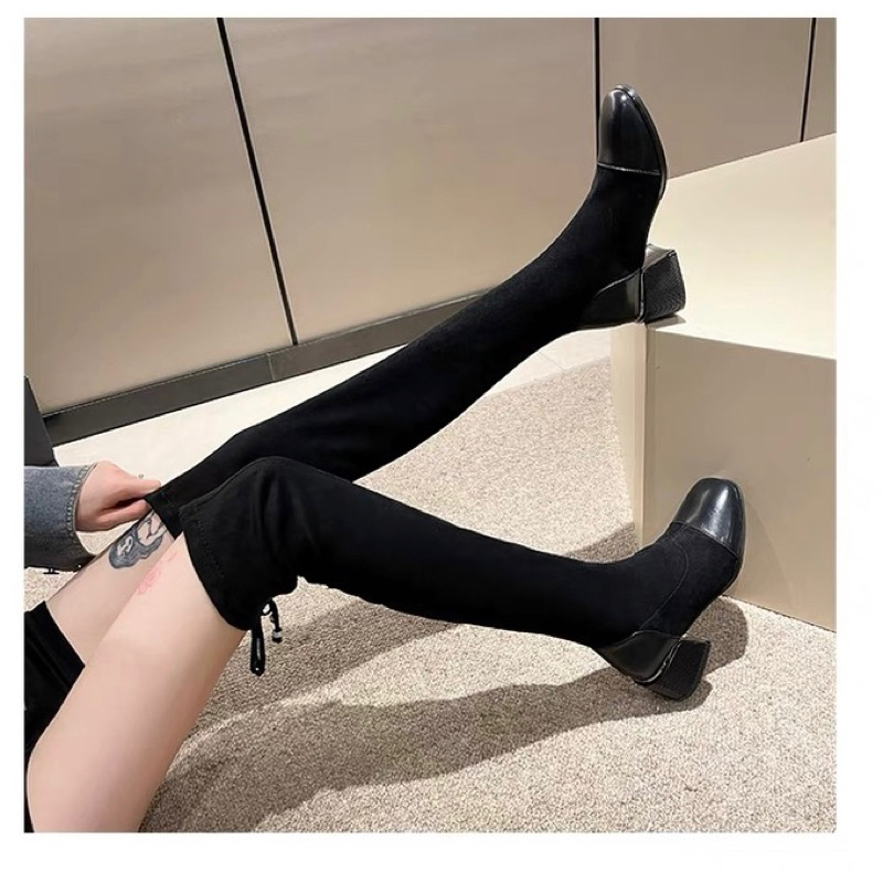 Bốt đùi nữ da lộn ôm chân có lót lông gót vuông cao 5cm có dây buộc