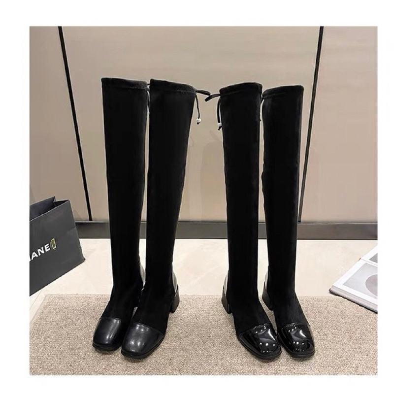 Bốt đùi nữ da lộn ôm chân có lót lông gót vuông cao 5cm có dây buộc