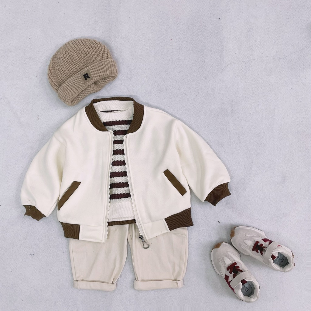 Te503- Áo khoác bomber khoá kéo chất nỉ lót lông nhung mềm mịn phối túi Hokiha Kids cho bé trai bé gái từ 9-19kg