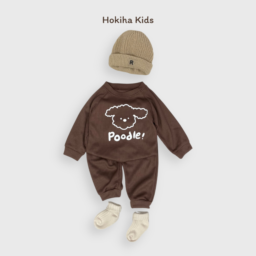 TE512 - Bộ áo + quần cho bé trai bé gái chất tổ ong mềm mại hình chú chó phong cách Hàn Quốc size 8-17kg