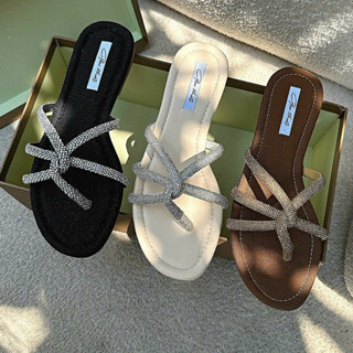 Dép kẹp nữ xỏ ngón mũi tròn đính đá xoàn chéo cao cấp đế bệt êm chân chống trượt tlx28