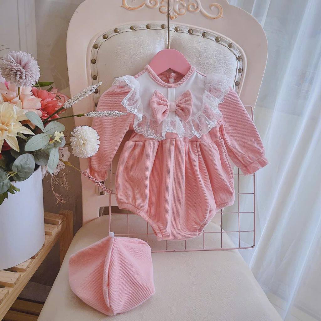 Body Len Nhung Hồng Mũ Nồi Phối Ren 4-11 Kg ,Body Cho Bé Gái Đầy Tháng Thôi Nôi