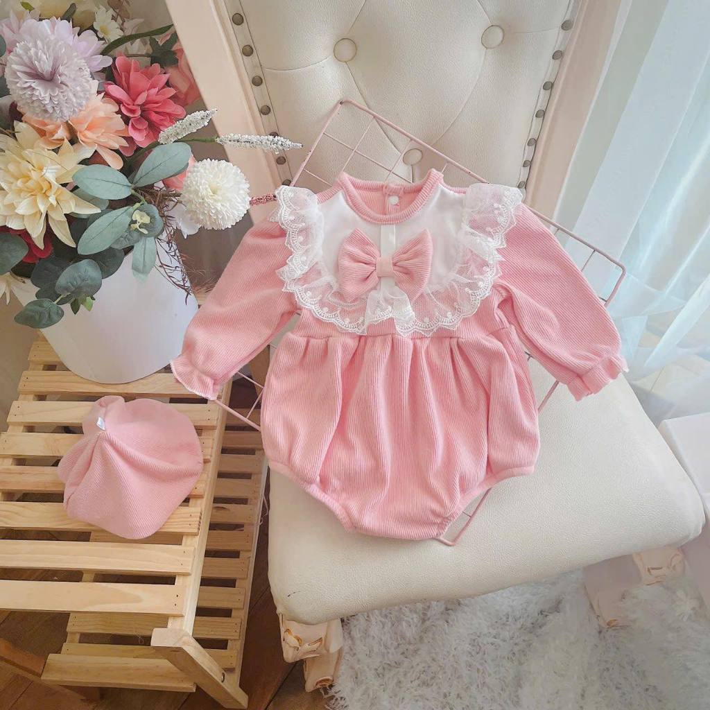 Body Len Nhung Hồng Mũ Nồi Phối Ren 4-11 Kg ,Body Cho Bé Gái Đầy Tháng Thôi Nôi
