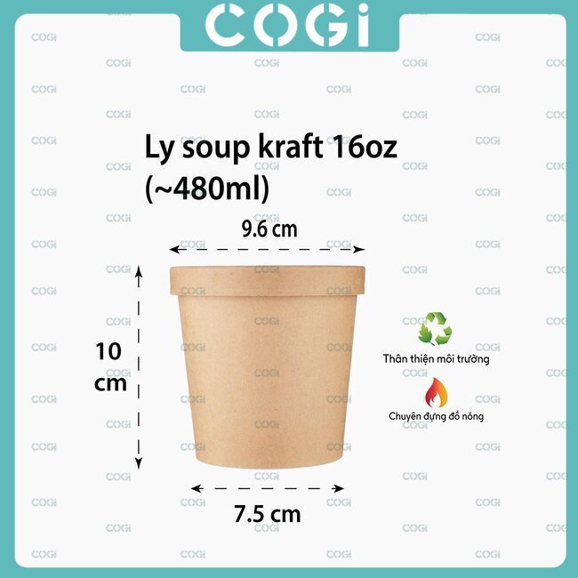 10 ly giấy đựng soup kraft 480ml - 16oz cốc giấy đựng cháo tô cháo dùng 1 lần cogi, kèm nắp giấy
