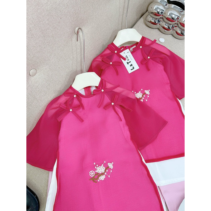 Set Áo dài hồng trắng hoa thêu phối quần lụa xuông cho bé gái
