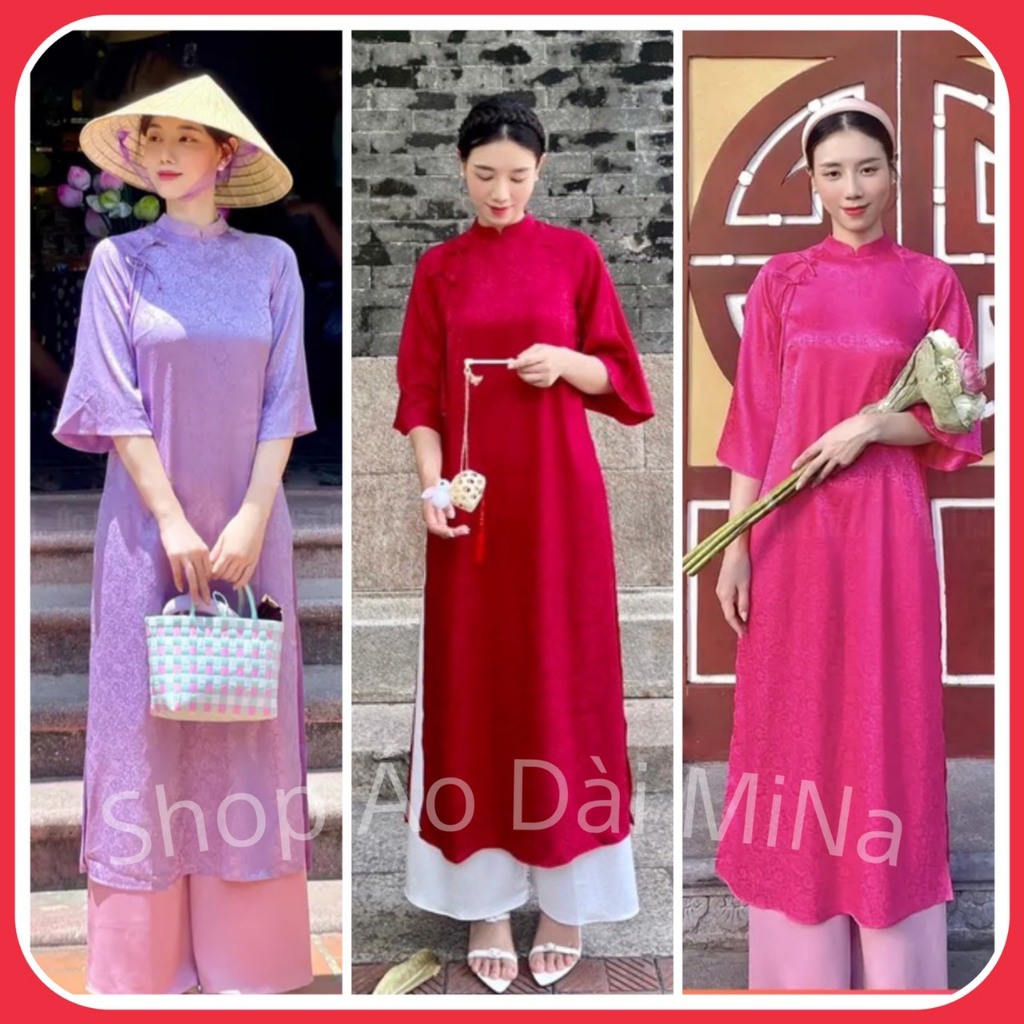 Áo Dài Cách Tân Dáng Suông Xưa Vải Gấm Đính Nơ Hàng May Sẵn AD13