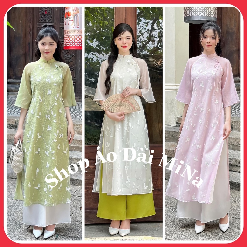 Áo Dài Cách Tân Tay Cánh Tiên 4 Tà Vải Tơ Óng Họa Tiết Bướm Hàng May Sẵn AD01