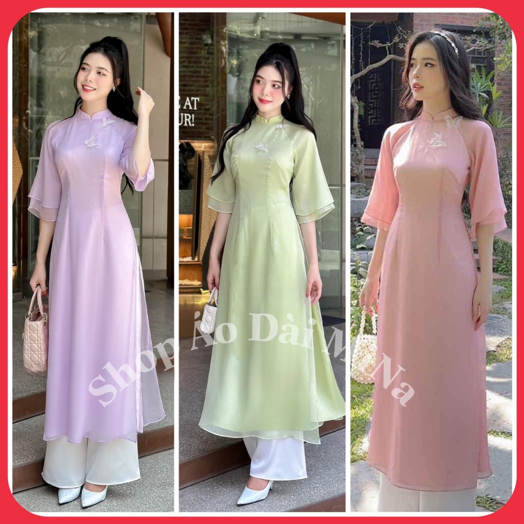 Áo Dài Cách Tân Tay Cánh Tiên 4 Tà Vải Tơ Óng Họa Tiết Bướm Hàng May Sẵn AD16