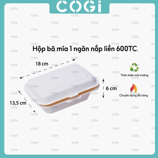 10 hộp cơm bã mía 600ml dùng 1 lần chính hãng cogi, sử dụng được trong lò vi sóng, lò nướng