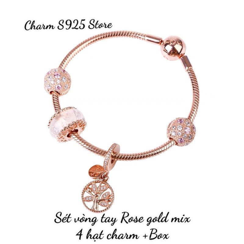 BỘ VÒNG TAY ROSE GOLD DÂY MỀM MIX 4 HẠT CHARM HÀNG CAO CẤP