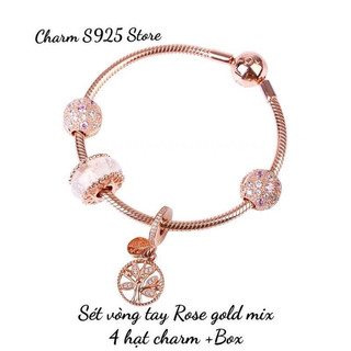 BỘ VÒNG TAY ROSE GOLD DÂY MỀM MIX 4 HẠT CHARM HÀNG CAO CẤP
