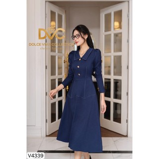VÁY THIẾT KẾ DVC - V4339 - Váy xòe xanh cổ sơ mi chỉ nổi, 3 khuy ngực, dài tay -  DỰ TIỆC, CÔNG SỞ, DẠO PHỐ