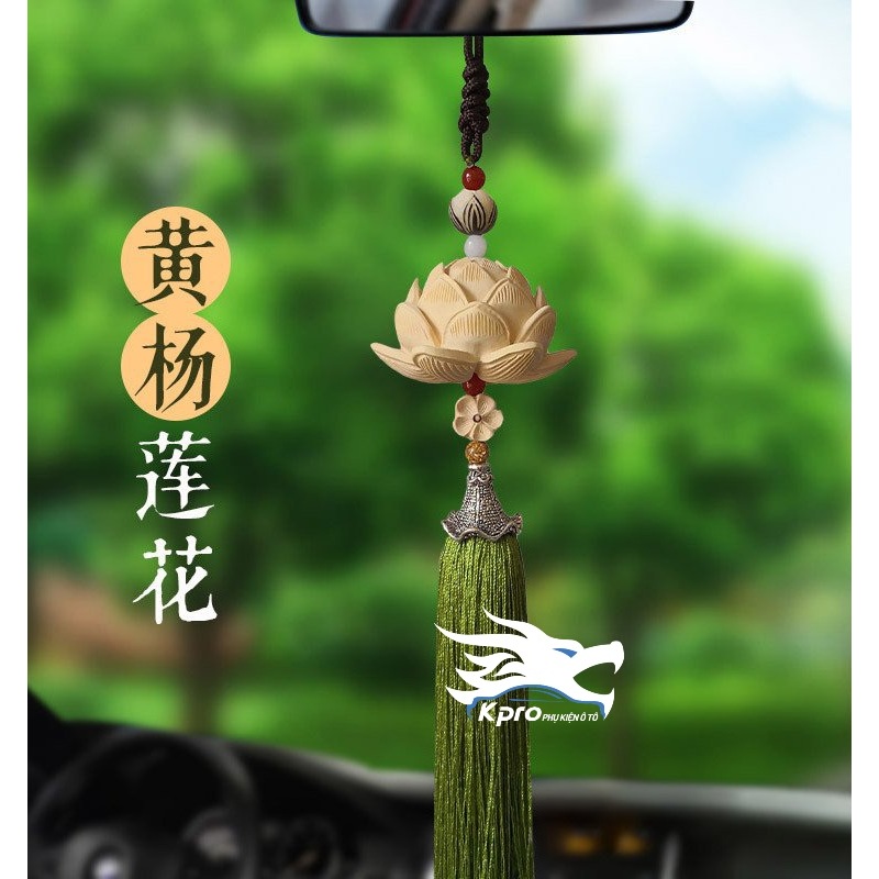 Dây treo gương ô tô hoa sen gỗ nở cánh to, Khánh Phật liên hoa - Hàng Kpro chất lượng cao