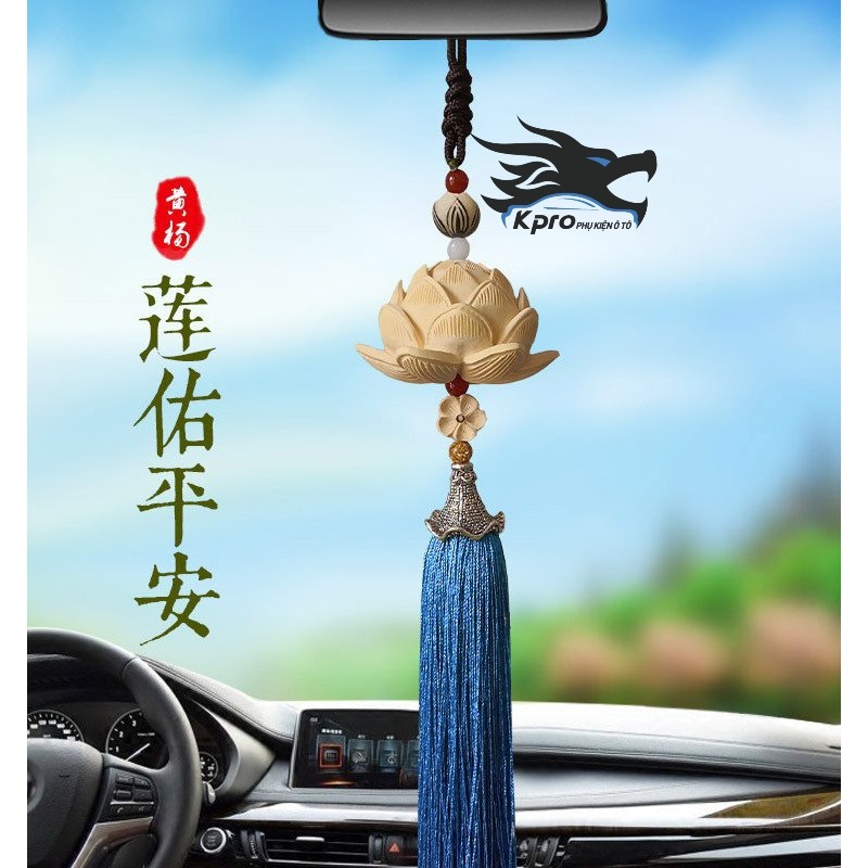 Dây treo gương ô tô hoa sen gỗ nở cánh to, Khánh Phật liên hoa - Hàng Kpro chất lượng cao