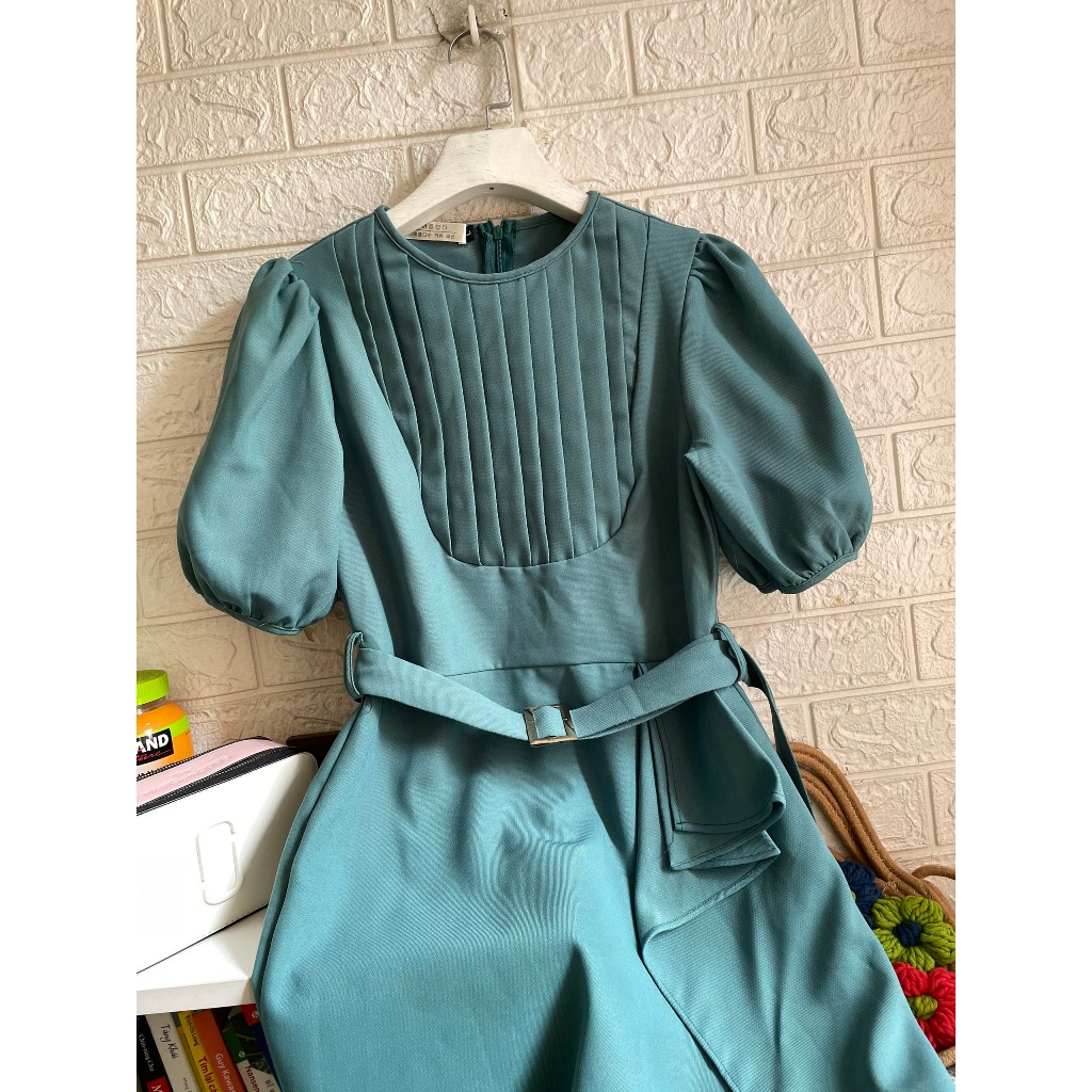 Đầm tay phồng xếp ly ngực vạt nhún hông cách điệu