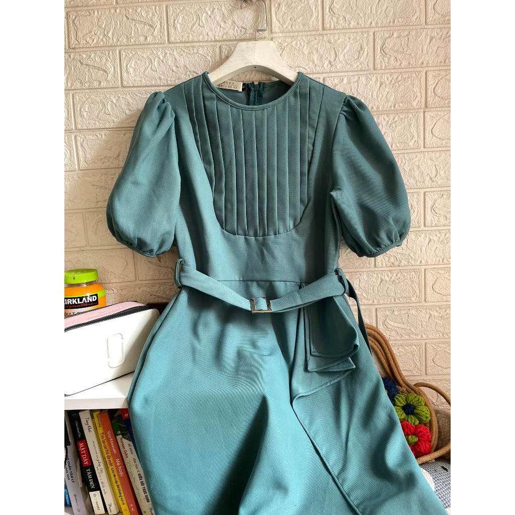 Đầm tay phồng xếp ly ngực vạt nhún hông cách điệu