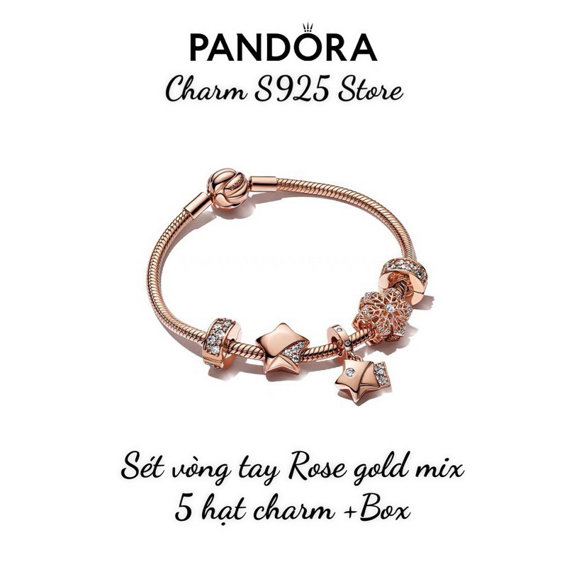 BỘ VÒNG TAY PAN ALE VÒNG MỀM VÀNG HỒNG MIX 5 HẠT CHARM HÀNG CAO CẤP