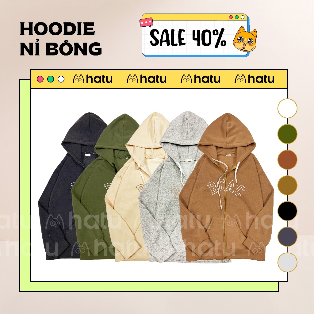 Áo Hoodie & sweater có mũ tay dài nỉ bông 2 lớp giữ ấm in họa tiết basic, áo khoác chống nắng freestyle ulzzang - 7 Màu
