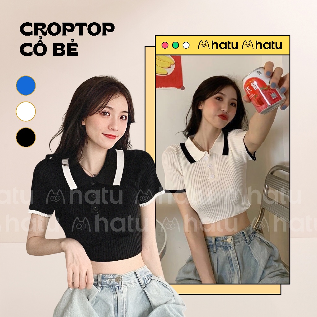 Áo Croptop nữ trơn ôm dáng, len thun dệt kim tay ngắn cổ bẻ, áo polo hot Douyin, ulzzang Hàn - 3 Màu Đen, Trắng, Xanh