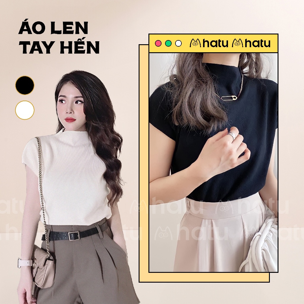Áo len dệt kim tay ngắn ôm dáng, áo thun len cộc tay cổ lọ mềm mịn, hot trend Douyin, ulzzang Hàn - 2 Màu Đen, Trắng
