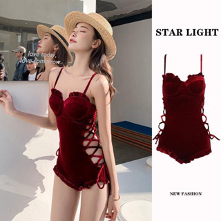 swimsuit chất nhung bikini 1 mảnh sexy khoét eo 2 màu đỏ và đen thời trang nữ Famos