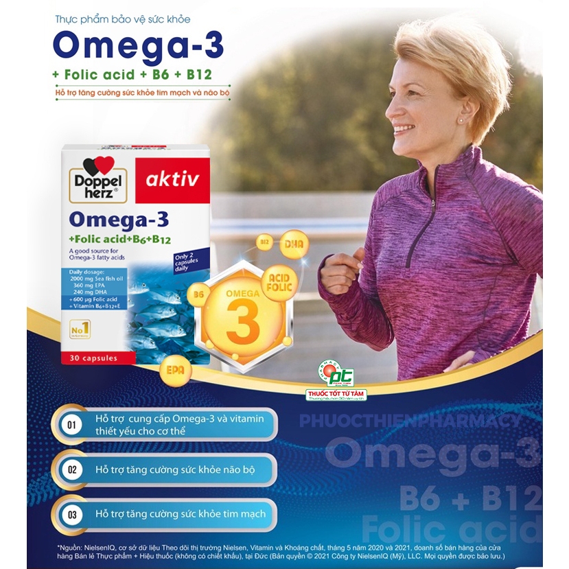 Viên dầu cá Doppelherz Omega 3 + Folic acid + B6 + B12 Đức bổ tim mạch, giảm mỡ máu hộp 30 viên