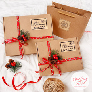  Hộp đựng quà Noel hộp giấy Kraft Vintage đựng quà giáng sinh gắn cành thông tặng kèm rơm lót Menystore 