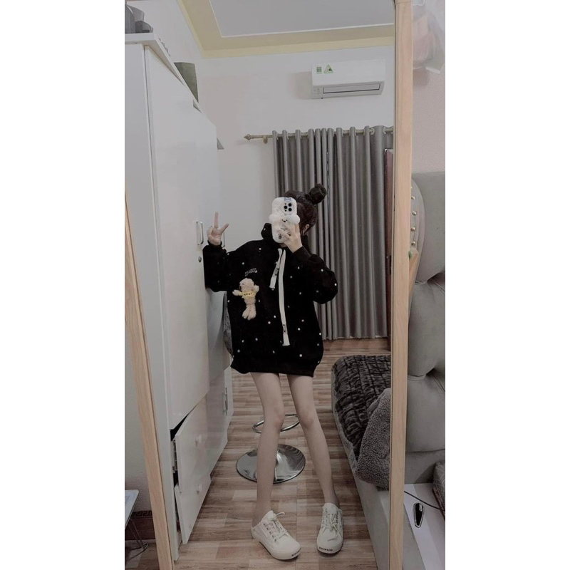 Áo Hooodie kém 2 gấu cài thêu lưng fom siêu to điểm chấm Chuẩn ảnh mẫu JELLYSTORE BA MÀU hot hit