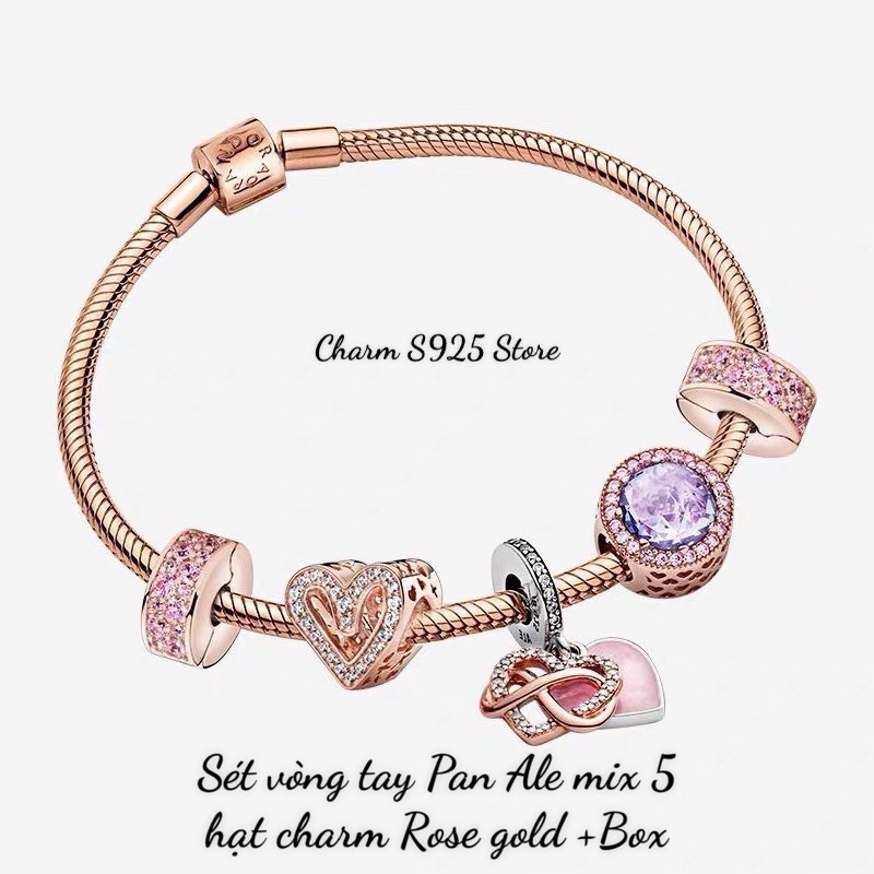 COMBO BỘ VÒNG TAY MỀM PAN ALE MIX 5 HẠT CHARM ROSE GOLD HÀNG CAO CẤP