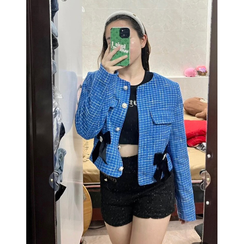 Áo tweed xanh phối nơ Shein