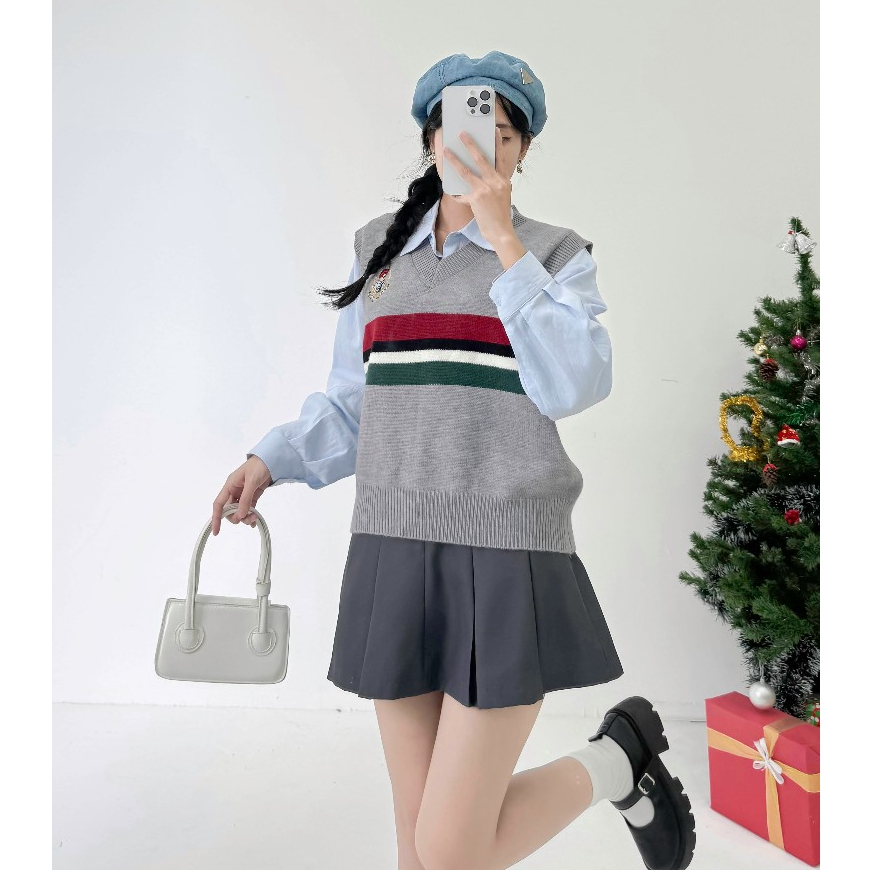 Áo len gile nữ VMSTYLE sát nách cổ V sọc phối màu thêu gấu form rộng basic đi học, đi làm, đi chơi 890 - ALU00257