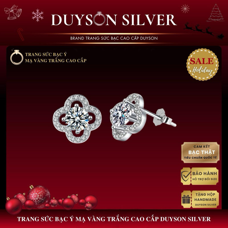 Khuyên tai bạc Ý 925 cỏ 4 lá đính đá Cz 5A Duyson Silver, bông tai nữ sang trọng thanh lịch