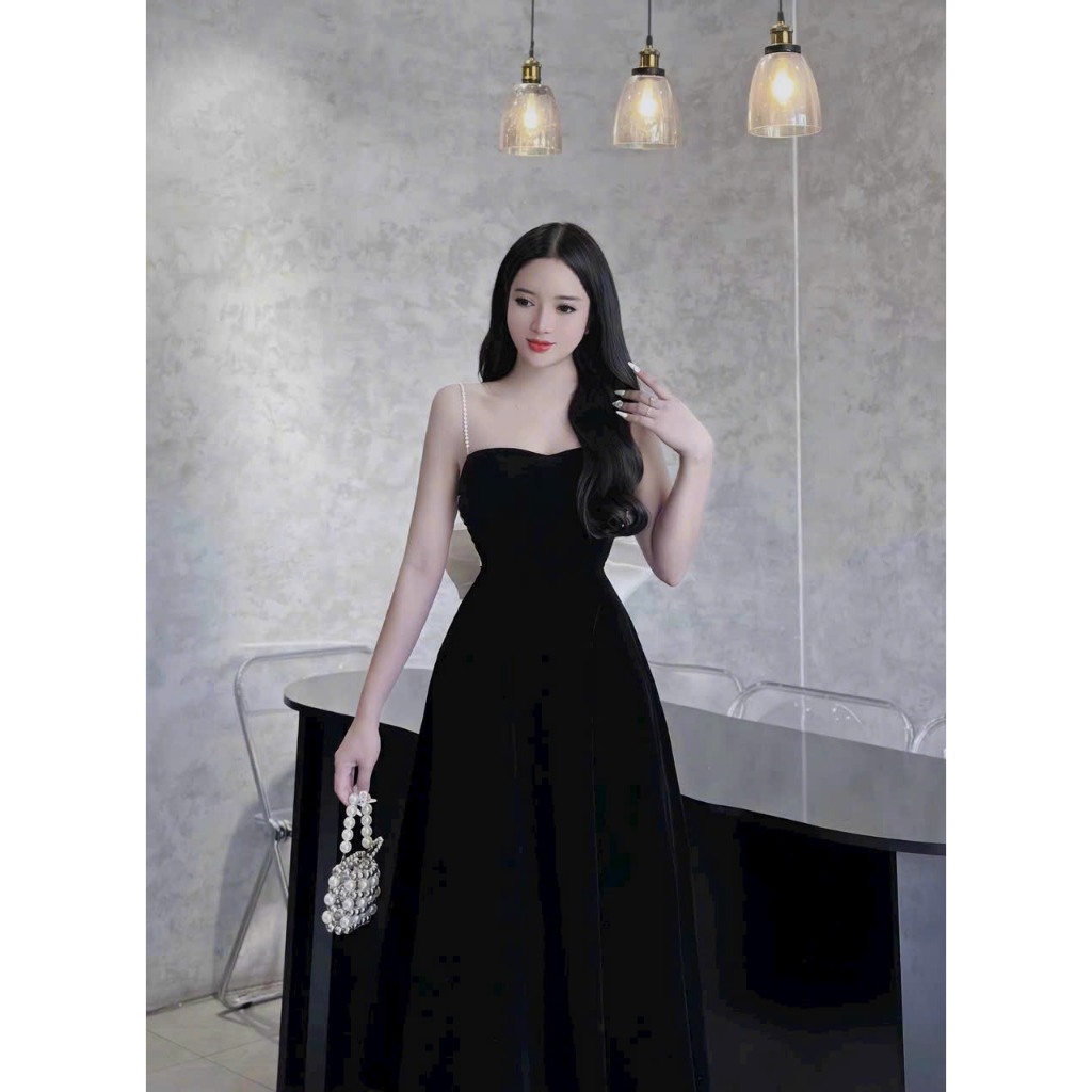 Đầm váy thời trang nữ đi chơi chất NHUNG cứng thiết kế  hai dây cúp ngực nơ lưng dáng dài 2 màu dành cho nàng đi tiệc