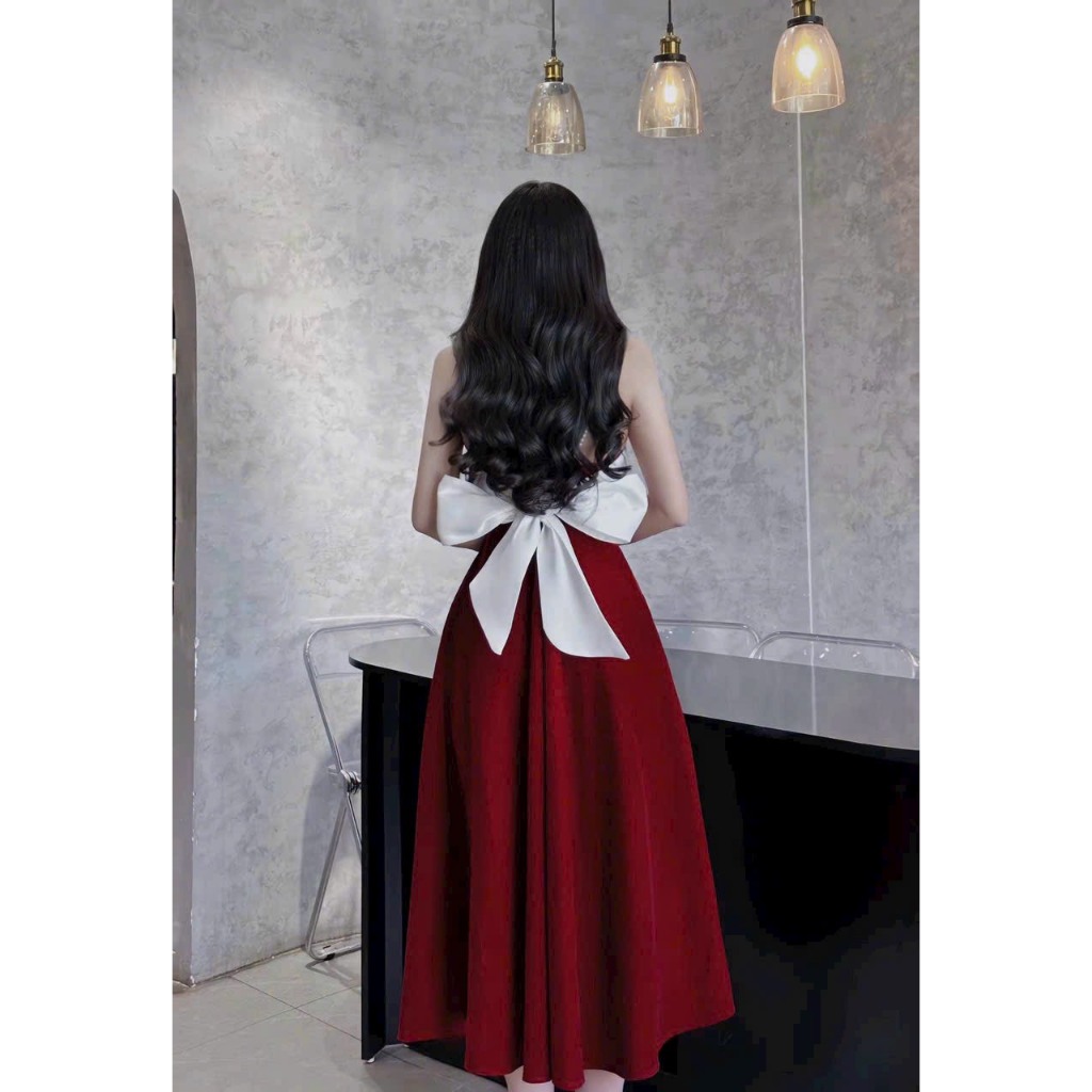 Đầm váy thời trang nữ đi chơi chất NHUNG cứng thiết kế  hai dây cúp ngực nơ lưng dáng dài 2 màu dành cho nàng đi tiệc