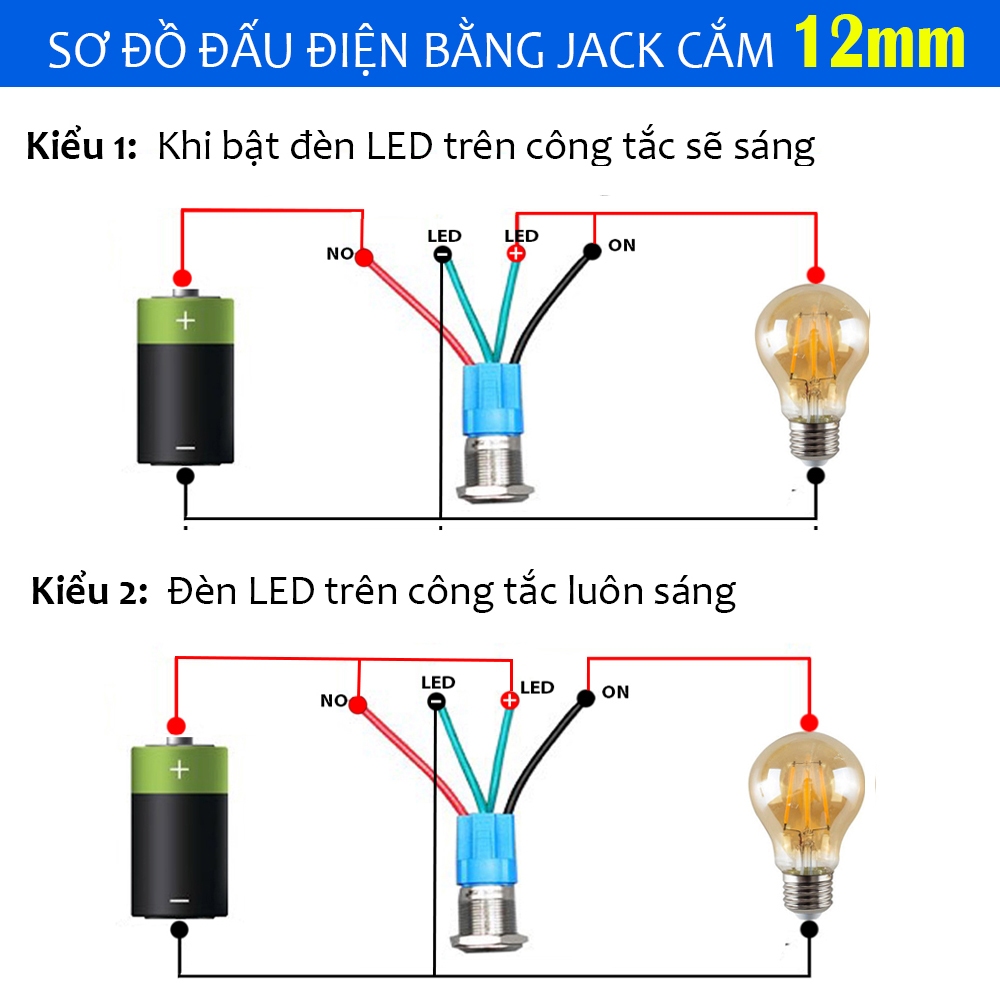 Công tắc đèn xe máy, ô tô Inox 12mm, Loại nút nhấn giữ trạng thái Tự khóa 5V - 24V