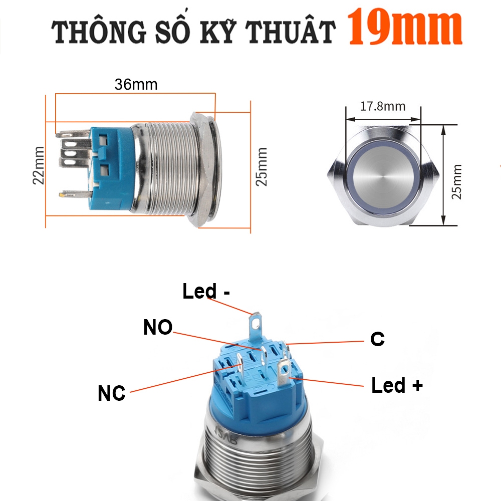 Công tắc kiểu nút nhấn tự khóa 19mm 3-6V, 12-24V, 110-220V Vỏ INOX không thấm nước