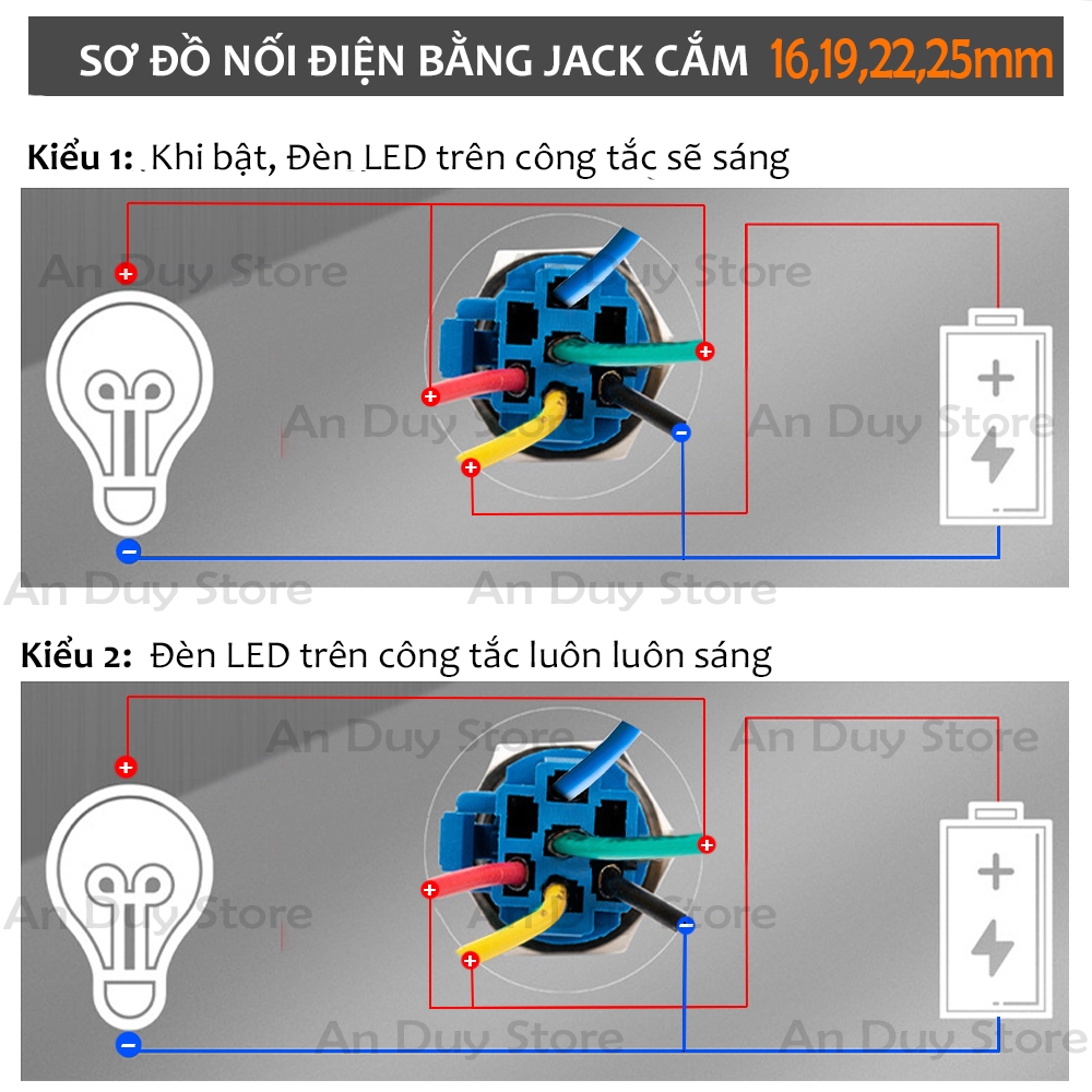 Công tắc kiểu nút nhấn tự khóa 19mm 3-6V, 12-24V, 110-220V Vỏ INOX không thấm nước