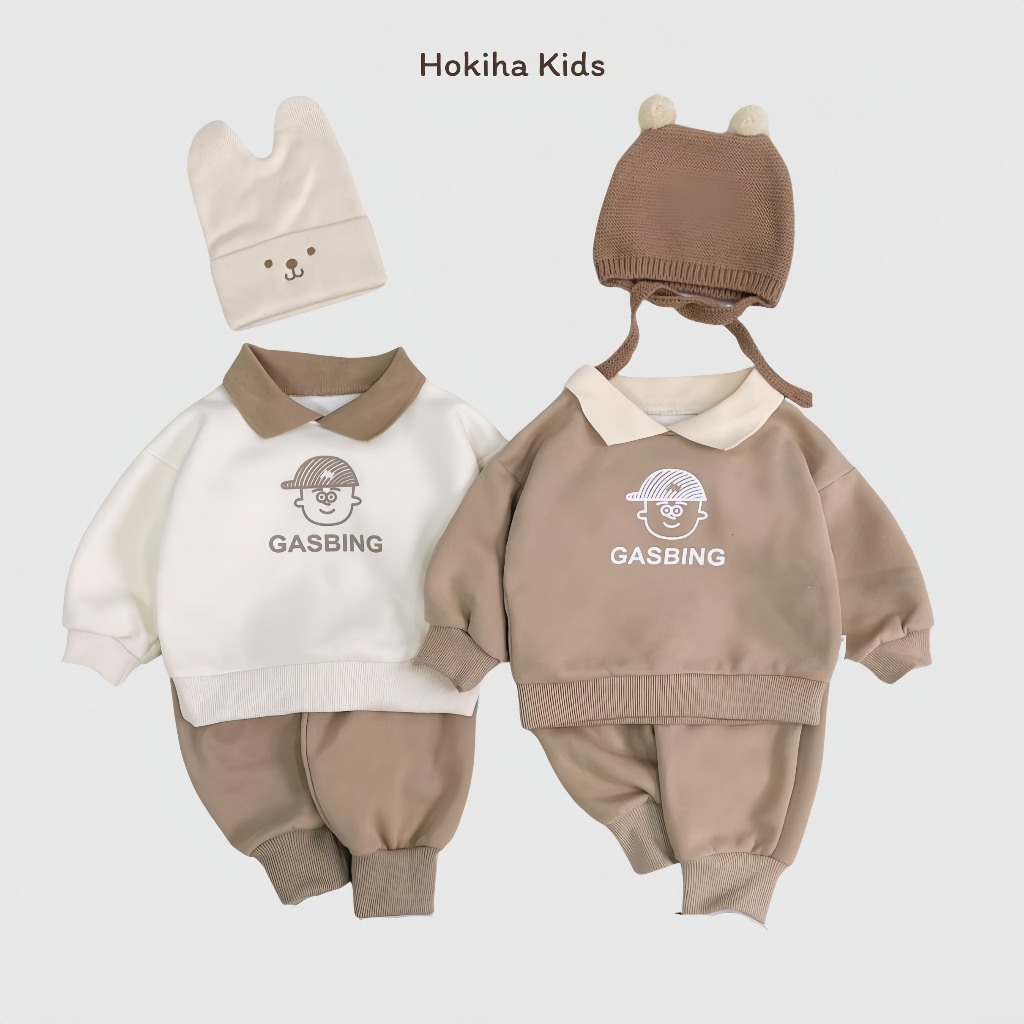 TE510 -Bộ áo polo+quần chất nỉ ép mềm mại cho bé trai bé gái hình cậu bé đội mũ GASBING  size 8-16kg