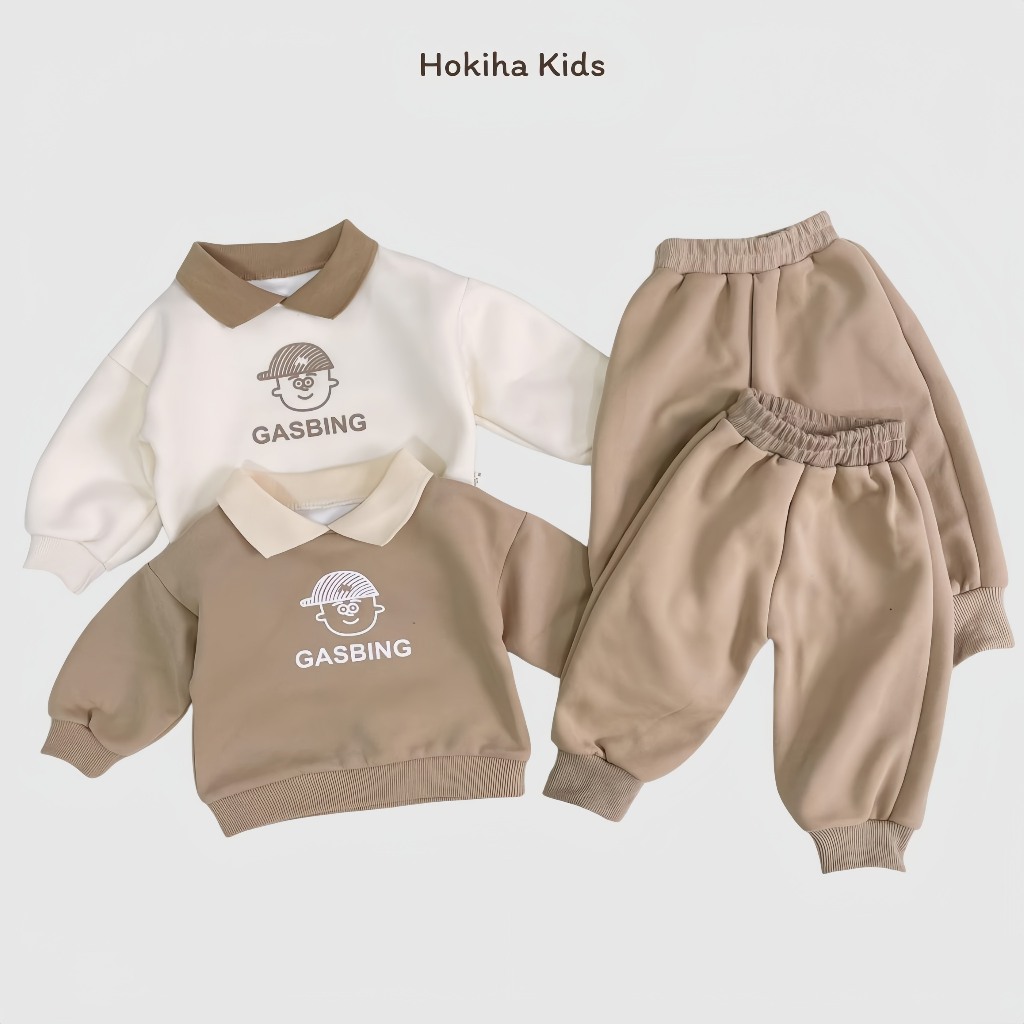 TE510 -Bộ áo polo+quần chất nỉ ép mềm mại cho bé trai bé gái hình cậu bé đội mũ GASBING  size 8-16kg